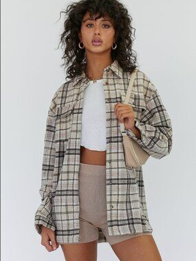 Princess Polly Brown & Cream Plaid Shirt Jacket